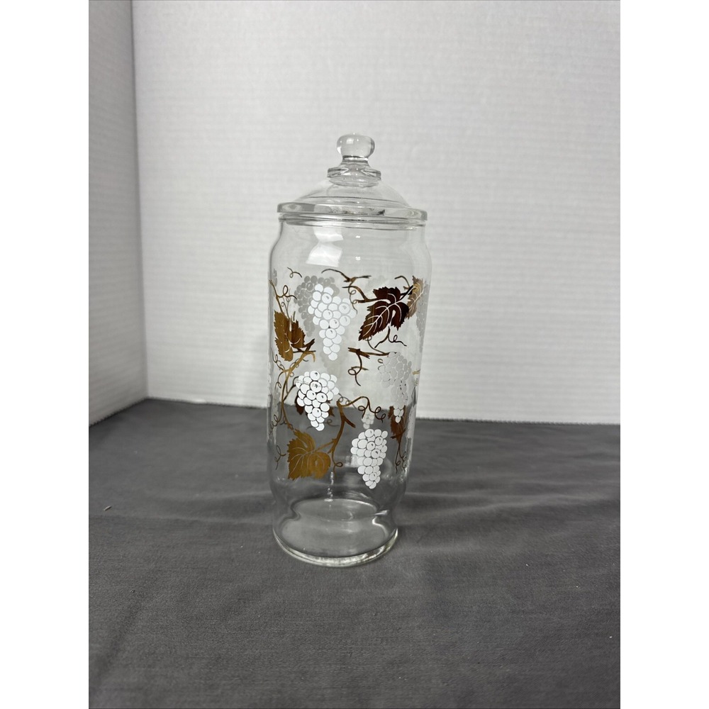 Vintage Mid-20th Century Glass Apothecary Jar‎ w/ Lid White Grapes w/ Gold